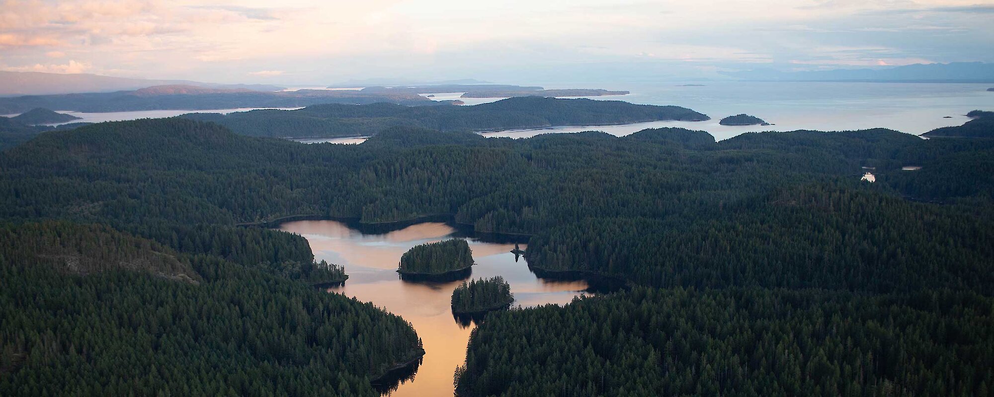 View from a helicopter looking down over northern Campbell River as the sun sets, making the sky soft pink that reflects off the water.