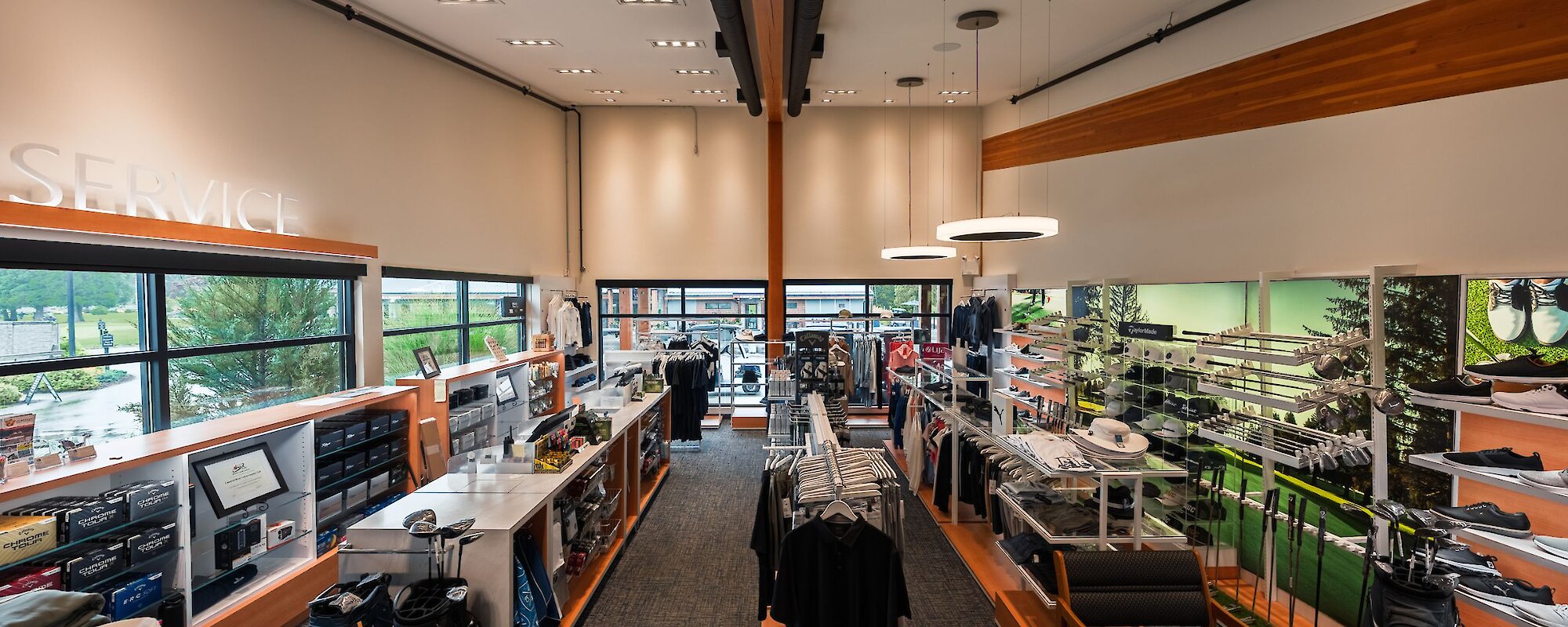 View of Elements Apparel and Golf shop from inside the store.