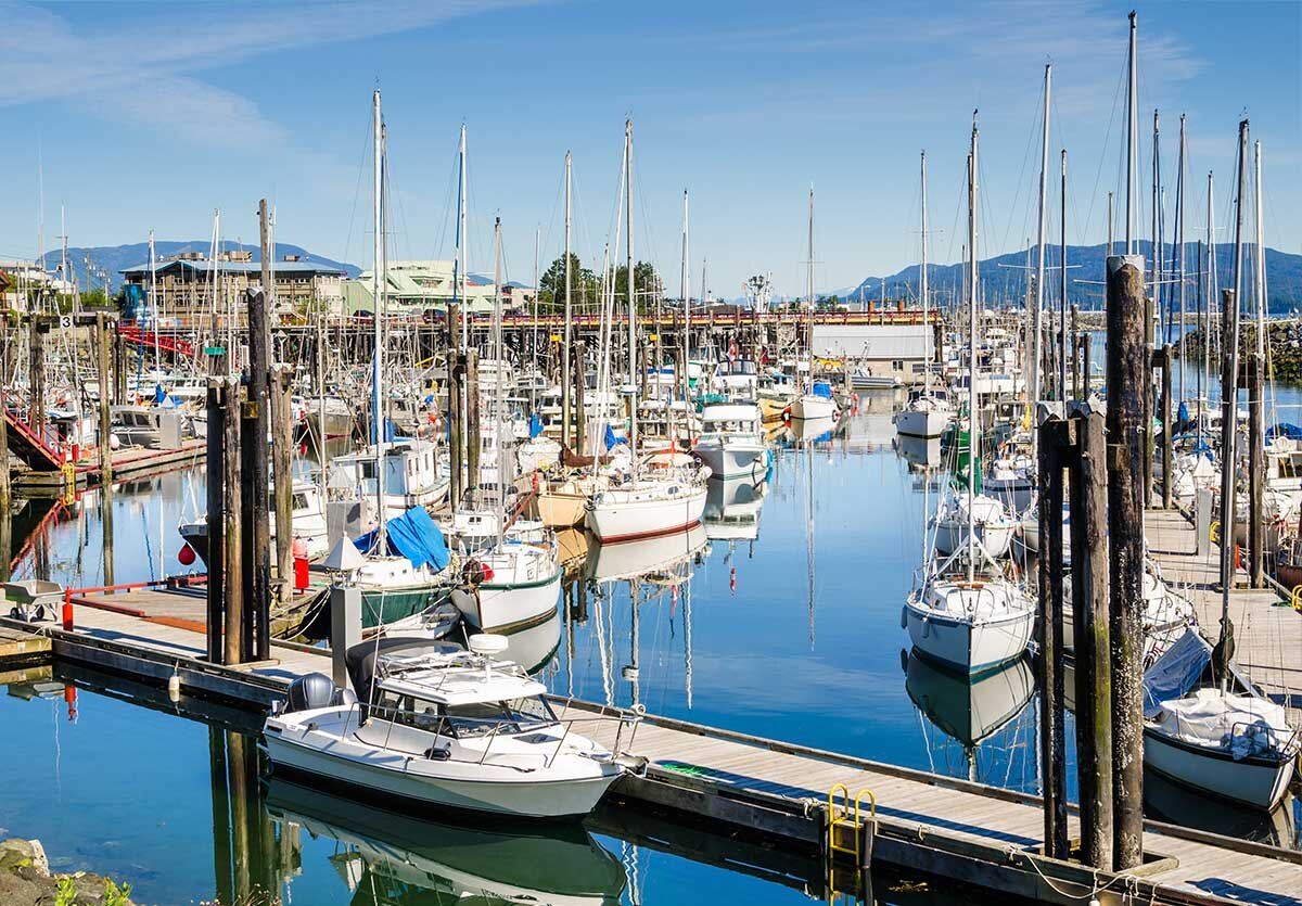 Campbell River harbour on a clear sunny morning.