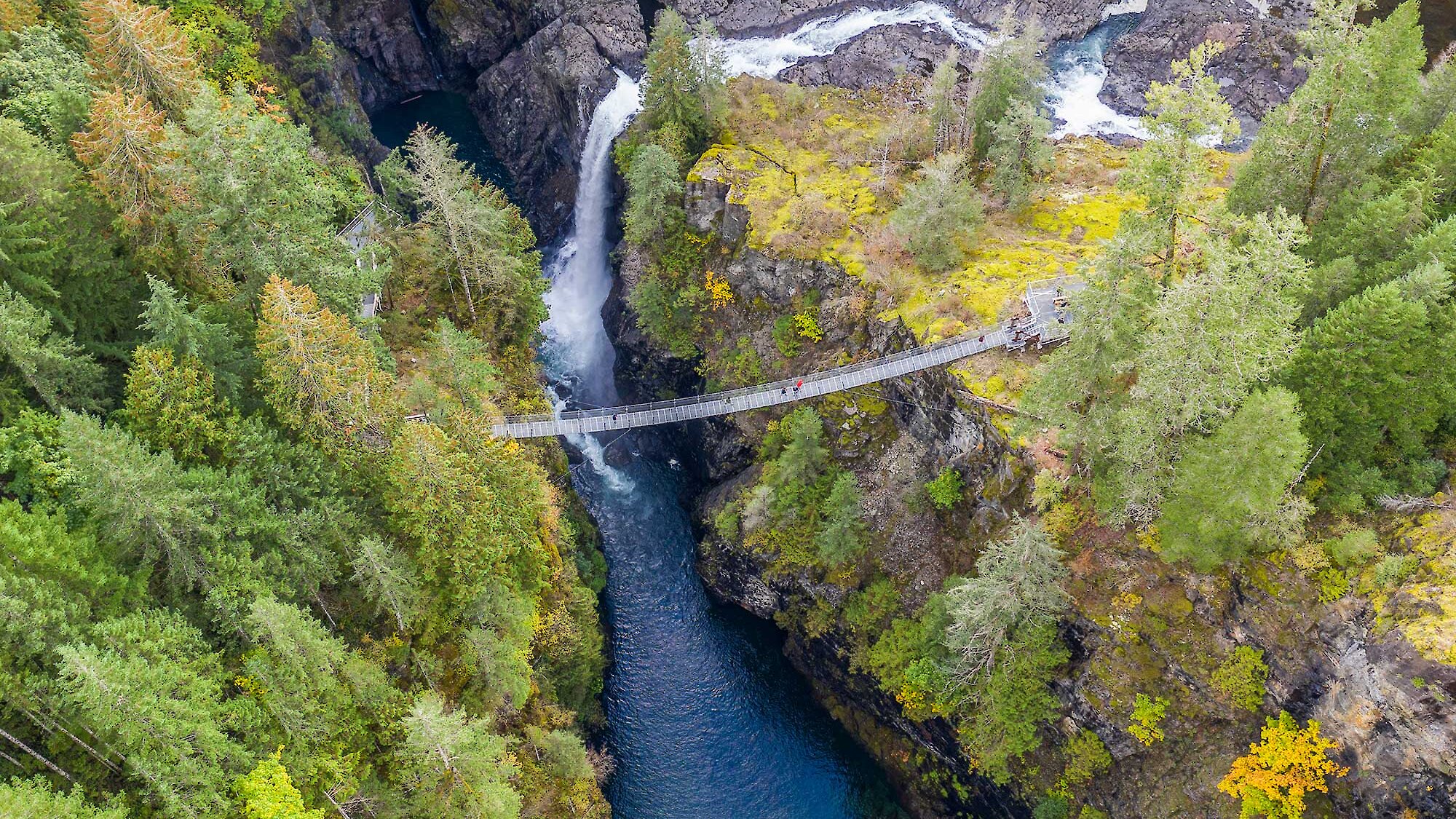 Aerial view of Elk Falls and the bridge
