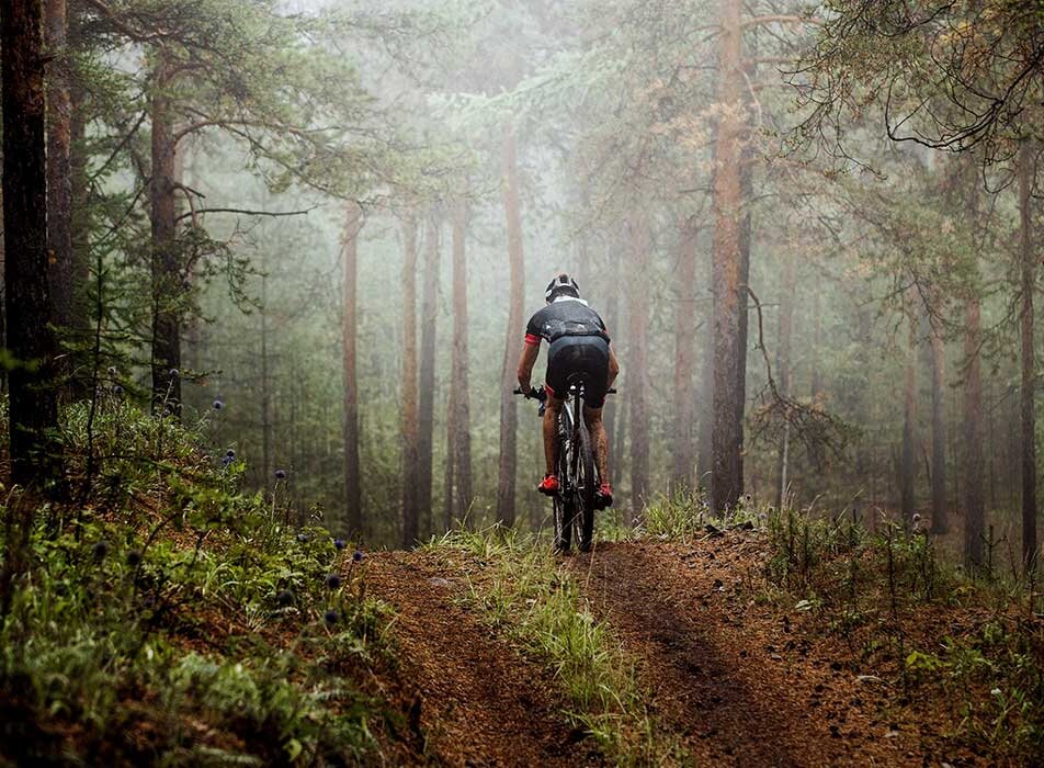 A man bikes through the rainforest trails on Vancouver Island with fog throughout the forest.